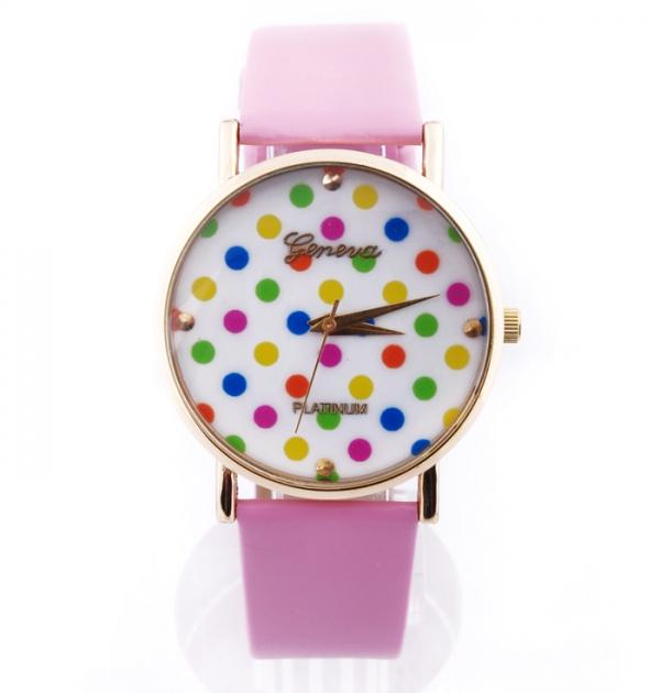 Розов часовник с цветни точки