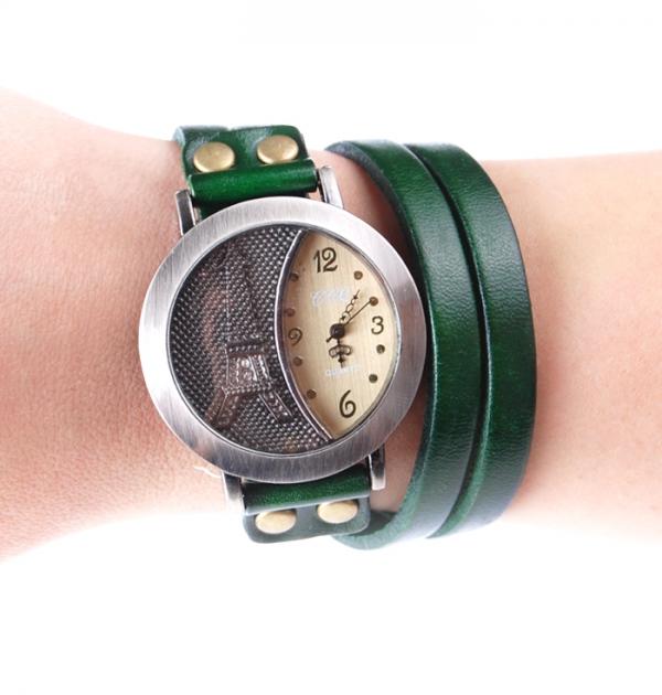 Дамски часовник с зелена кожена каишка