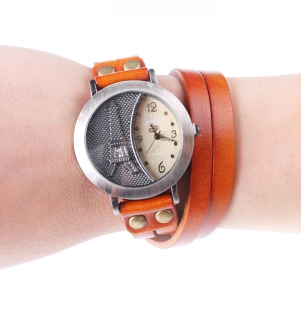 Дамски часовник с оранжева кожена каишка