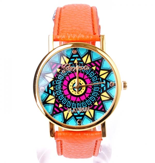 Часовник с оранжева каишка и цветен циферблат
