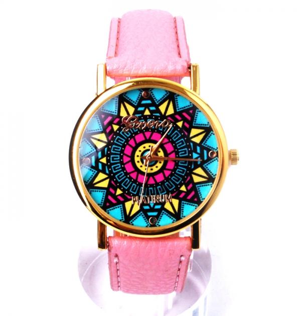 Розов часовник с цветен циферблат
