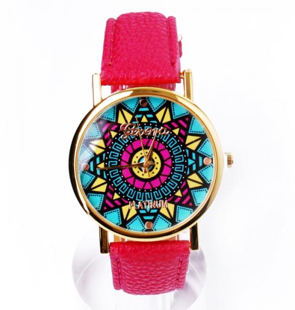 Часовник с цикламена каишка и цветен циферблат